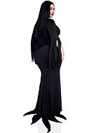 Morticia från Familjen Adams, maskeradklänning med rivna ärmar, bälte och hög slits, plus size